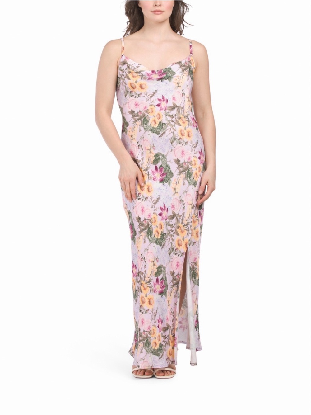 Floral Cowl Neck Pink Maxi Dress with Front Slit
